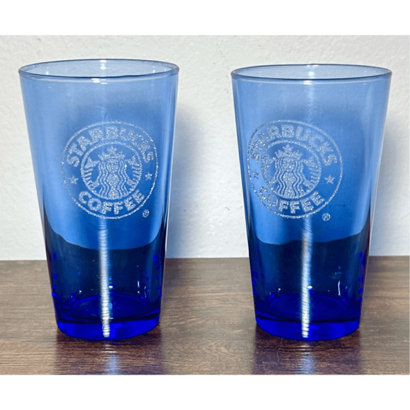 Pair Starbucks Cobalt Blue Tumbler Pint Glasses Raised Textured Logo Mermaid - Picture 1 of 13